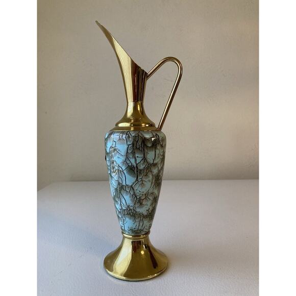 Vintage Delft Green Hand Painted Marble Style Pitcher with Brass - Picture 5 of 7